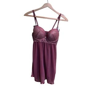 Daisy Fuentes Flirty‎ Babydoll Set Mauvewood Lace Push-Up Lingerie w/ Thong Med